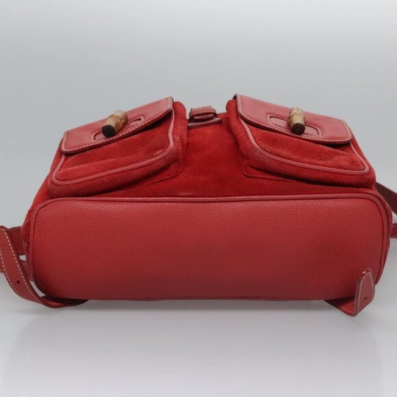 GUCCI Bamboo Backpack Suede Leather Red Gold - Picture 5 of 16